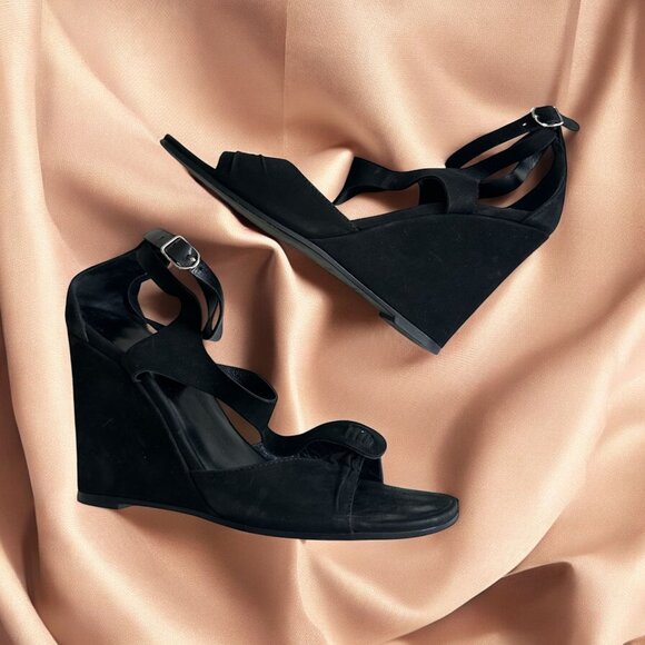 HERMES Black Suede Ankle Strap Wedges Sandals Size 8 - Picture 1 of 12